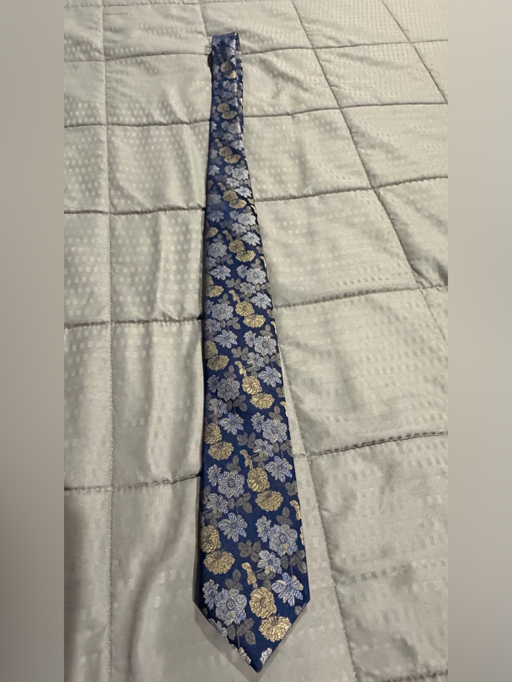 Joseph Abboud Navy Silk Tie with Gold and Light Blue Floral Jacquard
